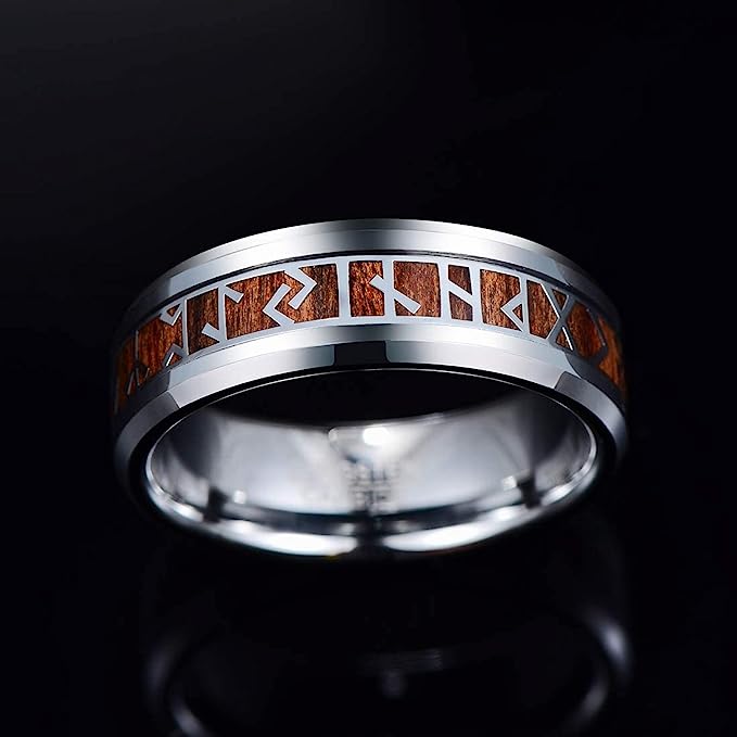 Genuine Carbide Tungsten Color: 8mm Gorgeous Norse Viking Rune Rings for Men Wood Silver Inner high polished inner-face design smooth and shiny. Comfort Fit Wedding Band Size 6-15