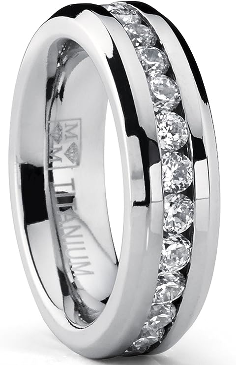 Genuine Titanium Silver 6mm Wide Ring Cubic Zirconia Eternity High Polished Comfort Fit.