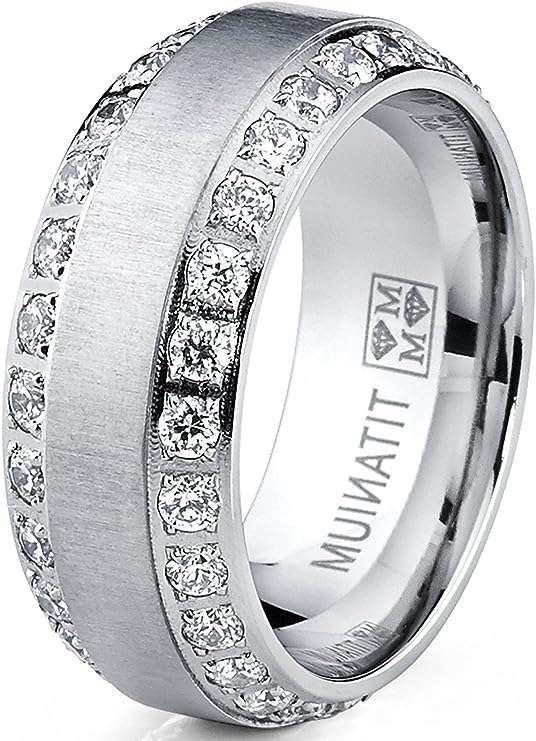 Genuine Titanium Silver CZ Eternity Brushed 8mm Wide Ring  High Polished Comfort Fit.