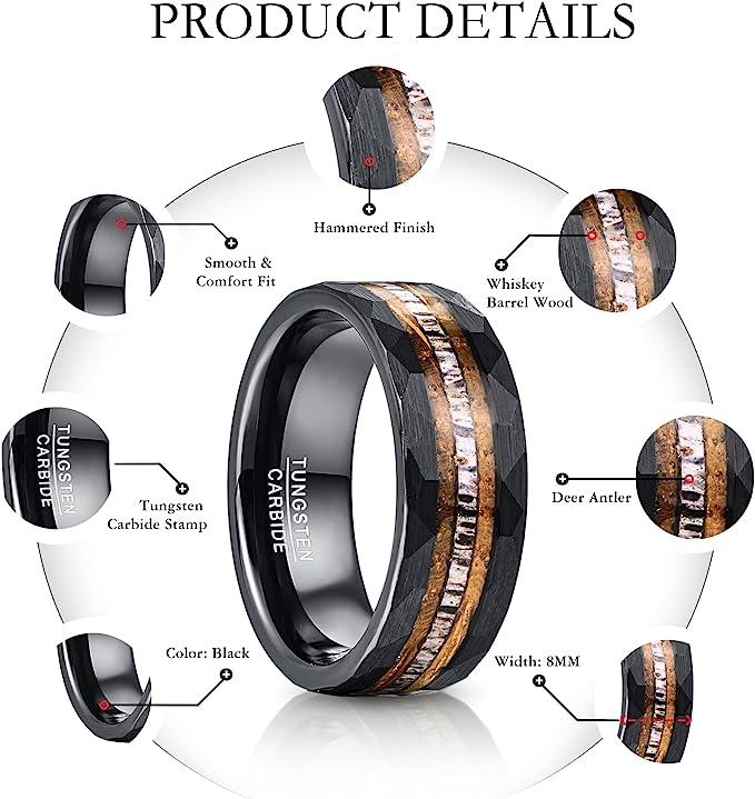 Genuine Carbide Tungsten Color: Black Inlaid Whisky Barrel Wood Antler Hammered 8mm RING Polished Shiny Comfort Fit Wedding Band Size Size 7-12