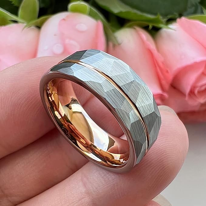 Genuine Carbide Tungsten Color: ROSE GOLD/SILVER Brushed Hammered 8mm RING Polished Shiny Comfort Fit Wedding Band Size 6-15