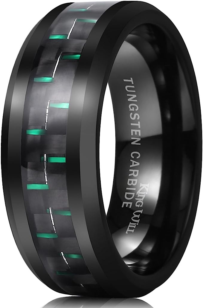 Genuine Carbide Tungsten Color: 8mm Black Green Carbon fiber Inlay High polished inner-face design smooth and shiny. Comfort Fit Wedding Band Size 6-15