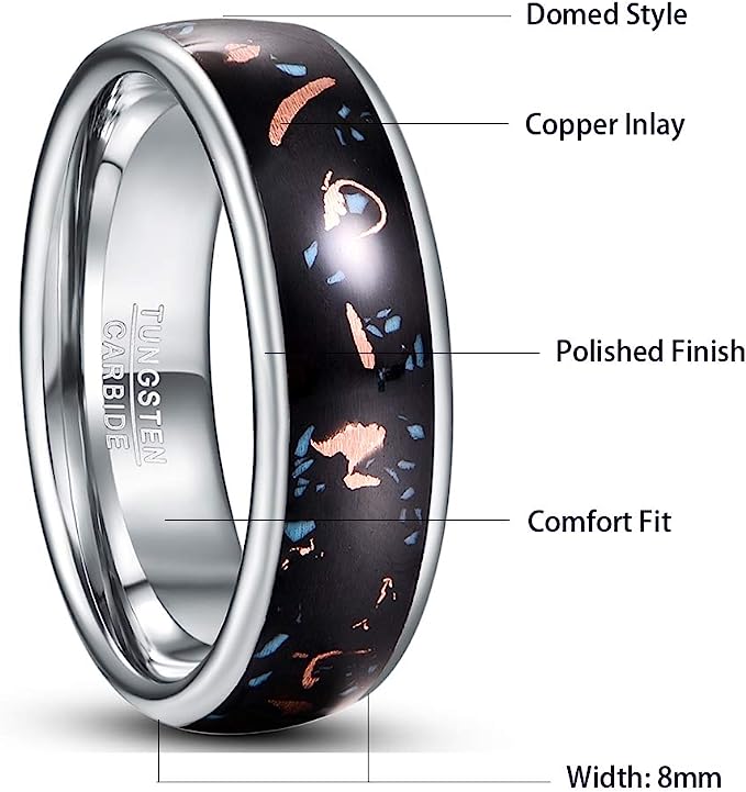 Genuine Carbide Tungsten Color: SILVER/BLACK, Copper and Turquoise Center Inlay 8mm RING Polished Shiny Comfort Fit Wedding Band Size Size 7-12