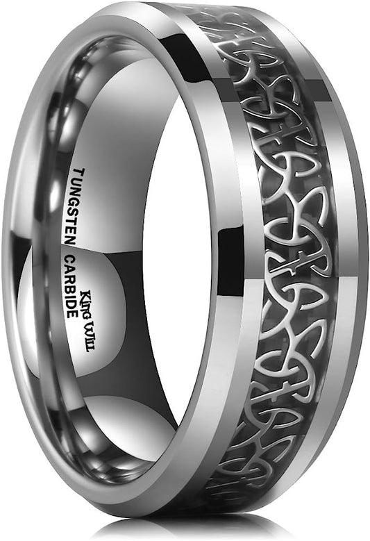 Genuine Carbide Tungsten Color: BLACK Celtic Dragon GRAY Fiber Inlay 8mm RING Polished Shiny Comfort Fit Wedding Band Size Size 6-15