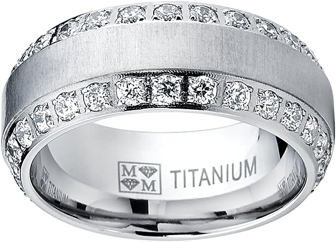 Genuine Titanium Silver CZ Eternity Brushed 8mm Wide Ring  High Polished Comfort Fit.