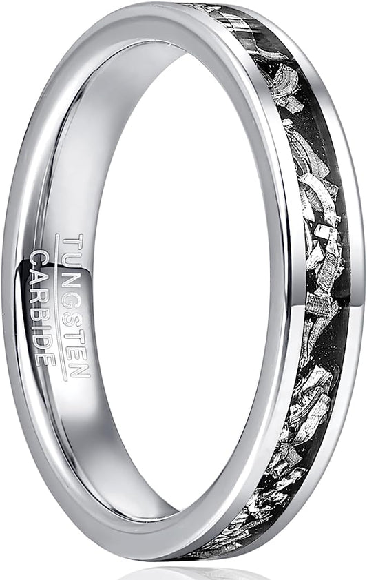 Genuine Carbide Tungsten Color:  SILVER 4mm Meteorite Inlay Polished Shiny Comfort Fit Wedding Band Size 6-15