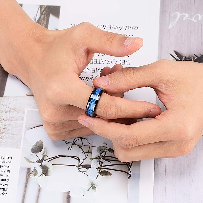 Genuine Carbide Tungsten 8mm Ring Black-Blue Fiber with carbon fiber inlay, Comfort Fit wedding band Size 6-15