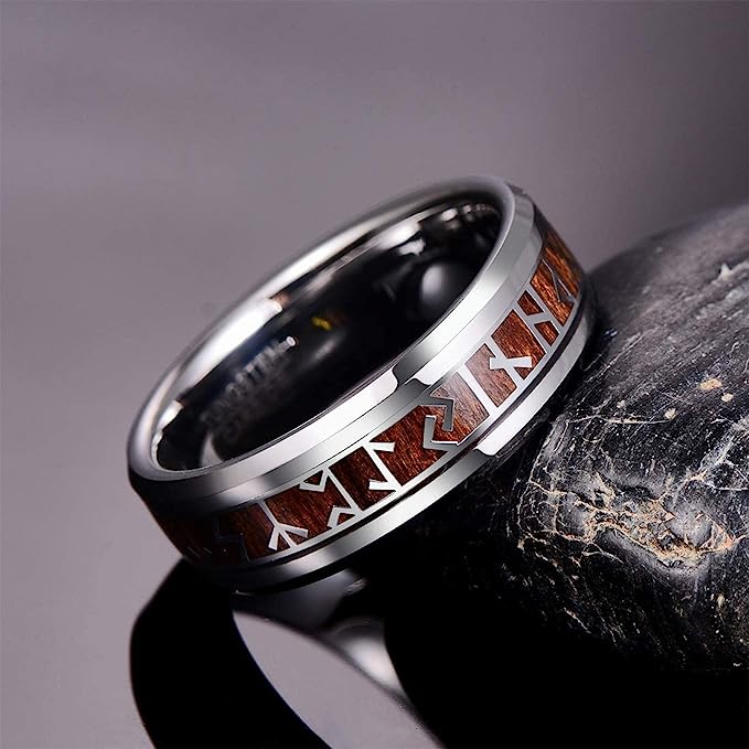 Genuine Carbide Tungsten Color: 8mm Gorgeous Norse Viking Rune Rings for Men Wood Silver Inner high polished inner-face design smooth and shiny. Comfort Fit Wedding Band Size 6-15