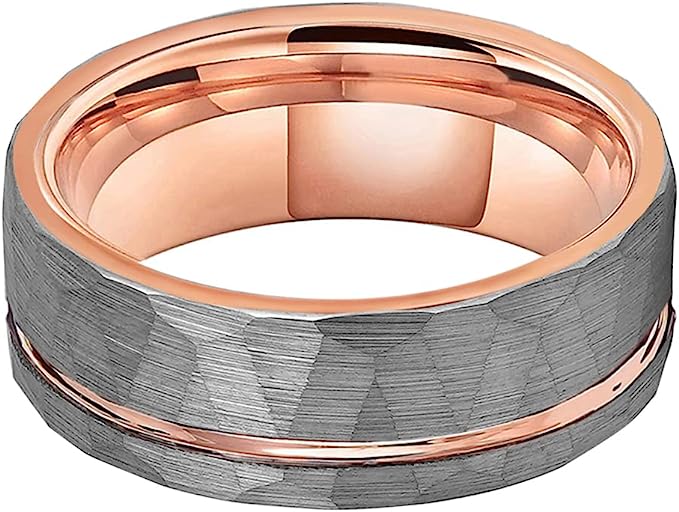 Genuine Carbide Tungsten Color: ROSE GOLD/SILVER Brushed Hammered 8mm RING Polished Shiny Comfort Fit Wedding Band Size 6-15