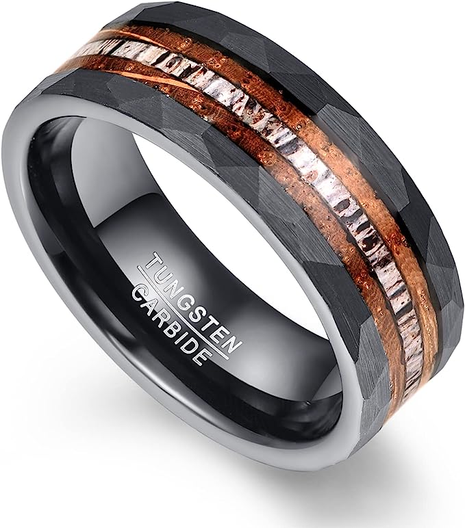 Genuine Carbide Tungsten Color: Black Inlaid Whisky Barrel Wood Antler Hammered 8mm RING Polished Shiny Comfort Fit Wedding Band Size Size 7-12