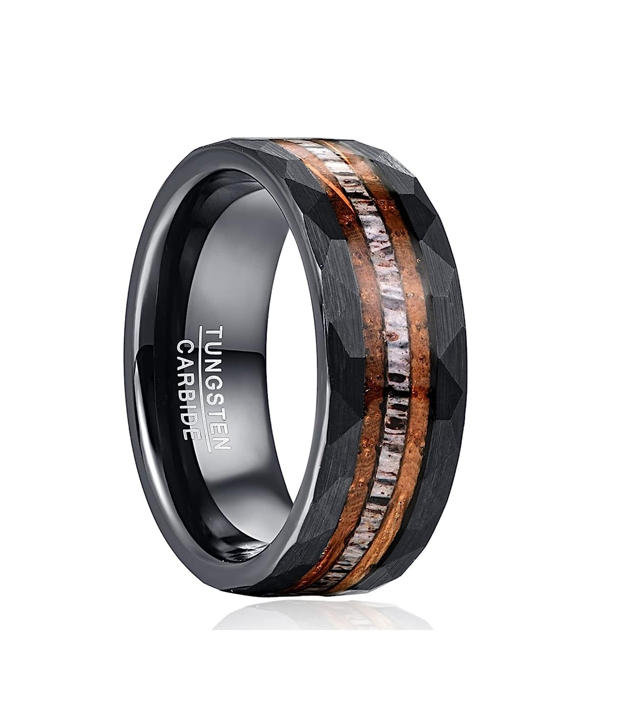 Genuine Carbide Tungsten Color: Black Inlaid Whisky Barrel Wood Antler Hammered 8mm RING Polished Shiny Comfort Fit Wedding Band Size Size 7-12