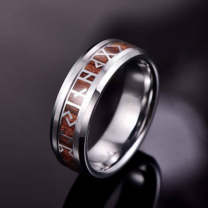 Genuine Carbide Tungsten Color: 8mm Gorgeous Norse Viking Rune Rings for Men Wood Silver Inner high polished inner-face design smooth and shiny. Comfort Fit Wedding Band Size 6-15