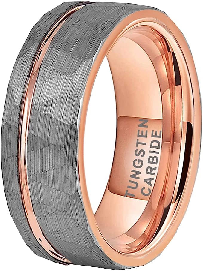 Genuine Carbide Tungsten Color: ROSE GOLD/SILVER Brushed Hammered 8mm RING Polished Shiny Comfort Fit Wedding Band Size 6-15