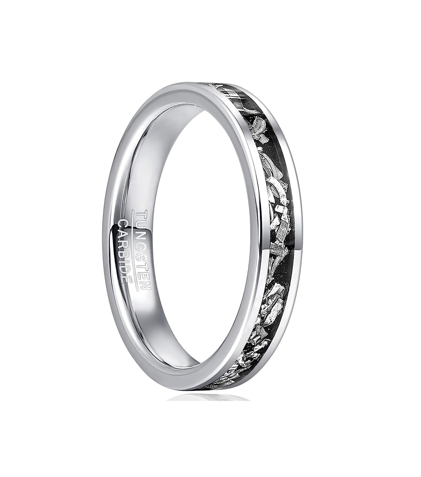 Genuine Carbide Tungsten Color:  SILVER 4mm Meteorite Inlay Polished Shiny Comfort Fit Wedding Band Size 6-15