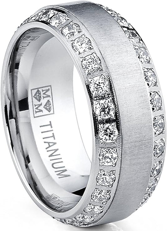 Genuine Titanium Silver CZ Eternity Brushed 8mm Wide Ring  High Polished Comfort Fit.