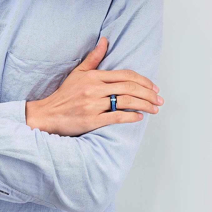 Genuine Carbide Tungsten 8mm Ring Black-Blue Fiber with carbon fiber inlay, Comfort Fit wedding band Size 6-15