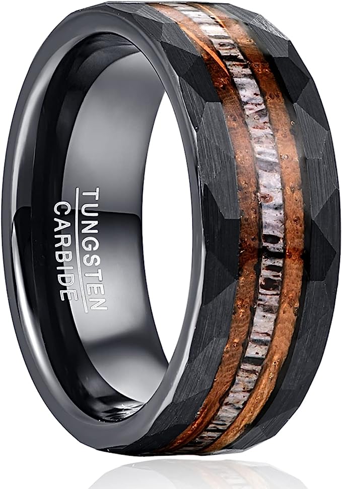 Genuine Carbide Tungsten Color: Black Inlaid Whisky Barrel Wood Antler Hammered 8mm RING Polished Shiny Comfort Fit Wedding Band Size Size 7-12