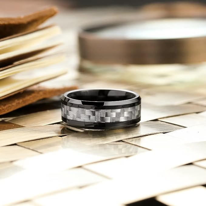 Genuine Carbide Tungsten Color: 8mm Black Silver Carbon fiber Inlay High polished inner-face design smooth and shiny. Comfort Fit Wedding Band Size 6-15