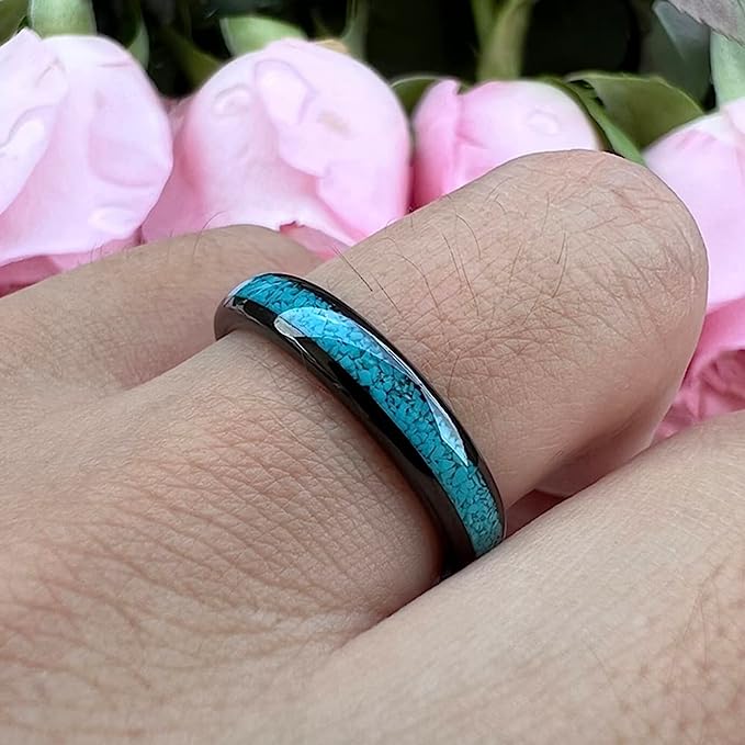 Genuine Carbide Tungsten Color:  BLACK 4mm RING Turquoise Inlay Domed Polished Shiny Comfort Fit Wedding Band Size 6-15