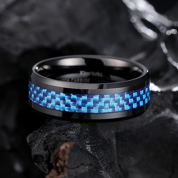 Genuine Carbide Tungsten 8mm Ring Black-Blue Fiber with carbon fiber inlay, Comfort Fit wedding band Size 6-15