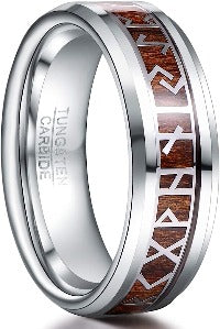 Genuine Carbide Tungsten Color: 8mm Gorgeous Norse Viking Rune Rings for Men Wood Silver Inner high polished inner-face design smooth and shiny. Comfort Fit Wedding Band Size 6-15