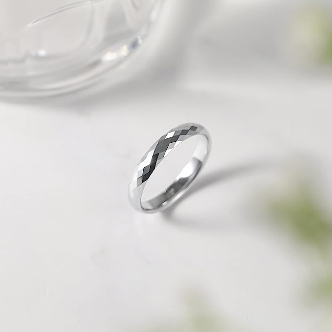 Genuine Carbide Tungsten Color: Silver Faceted Edge Center 4mm RING   High Polish inner face makes it smooth and shiny Comfort Fit Wedding Band Size 6-15