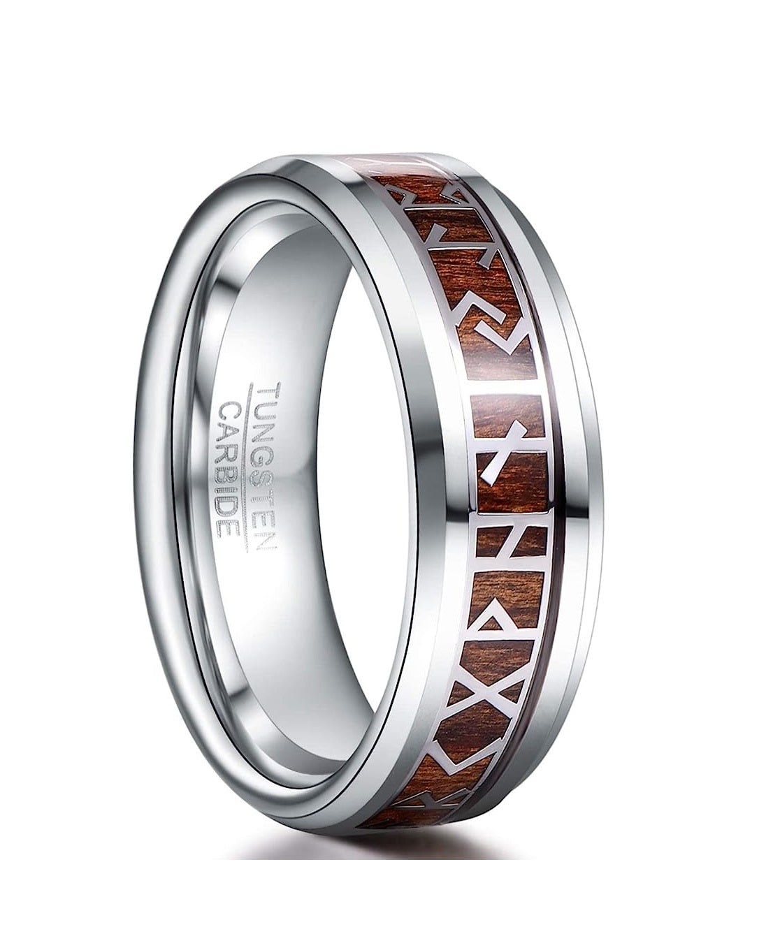 Genuine Carbide Tungsten Color: 8mm Gorgeous Norse Viking Rune Rings for Men Wood Silver Inner high polished inner-face design smooth and shiny. Comfort Fit Wedding Band Size 6-15