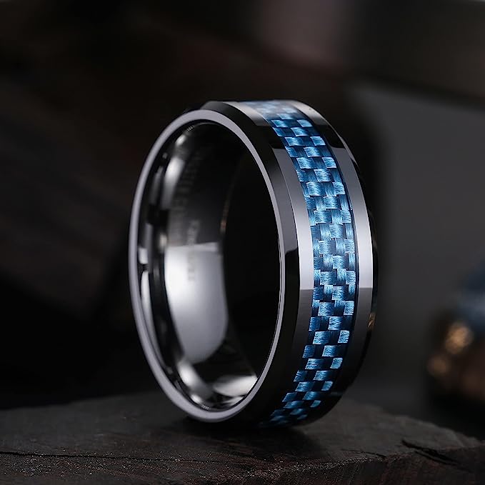 Genuine Carbide Tungsten 8mm Ring Black-Blue Fiber with carbon fiber inlay, Comfort Fit wedding band Size 6-15
