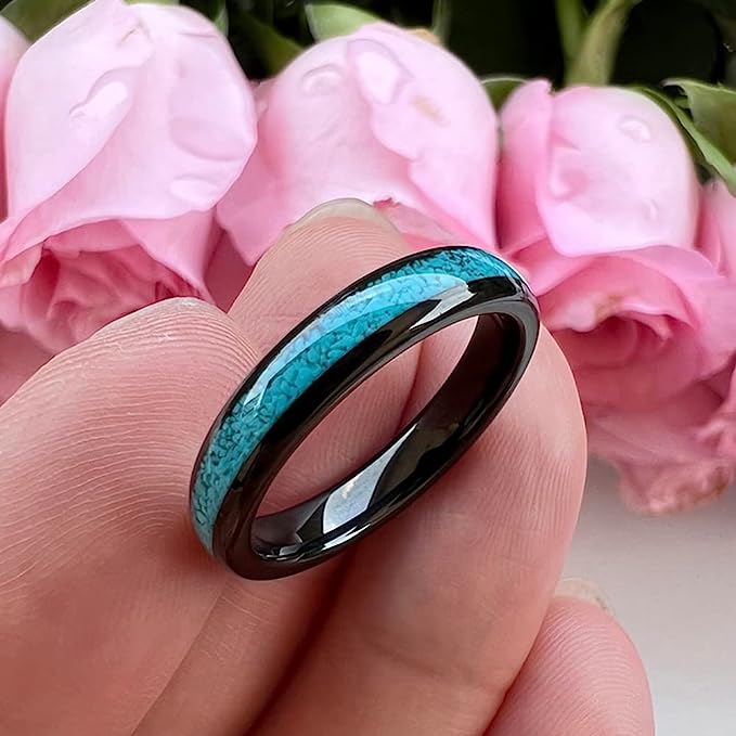 Genuine Carbide Tungsten Color:  BLACK 4mm RING Turquoise Inlay Domed Polished Shiny Comfort Fit Wedding Band Size 6-15