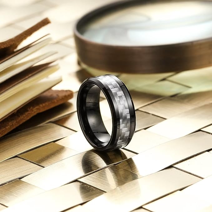 Genuine Carbide Tungsten Color: 8mm Black Silver Carbon fiber Inlay High polished inner-face design smooth and shiny. Comfort Fit Wedding Band Size 6-15