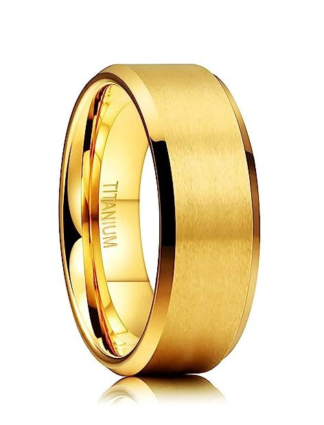 Genuine Titanium Golden Brushed 8mm Wide Ring Wedding Band High Polished Comfort Fit.