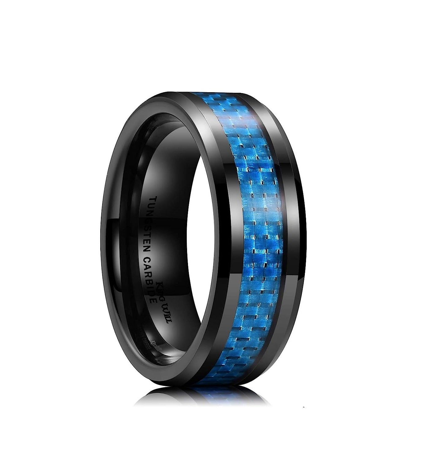 Genuine Carbide Tungsten 8mm Ring Black-Blue Fiber with carbon fiber inlay, Comfort Fit wedding band Size 6-15