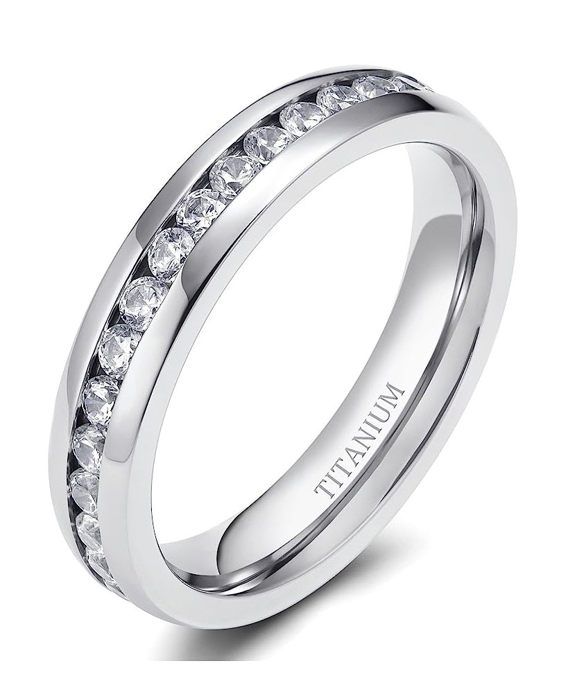 Genuine Titanium Silver 4mm Wide Ring Cubic Zirconia Eternity High Polished Comfort Fit