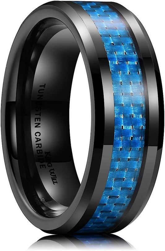 Genuine Carbide Tungsten 8mm Ring Black-Blue Fiber with carbon fiber inlay, Comfort Fit wedding band Size 6-15