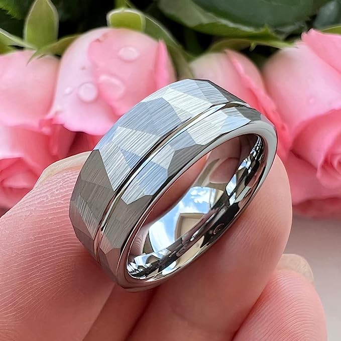 Genuine Carbide Tungsten Color: SILVER  Brushed Hammered 8mm RING Polished Shiny Comfort Fit Wedding Band Size 6-15