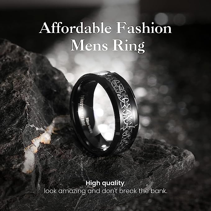 Genuine Carbide Tungsten Color: BLACK Celtic Dragon BLACK Fiber Inlay 8mm RING Polished Shiny Comfort Fit Wedding Band Size Size 6-15