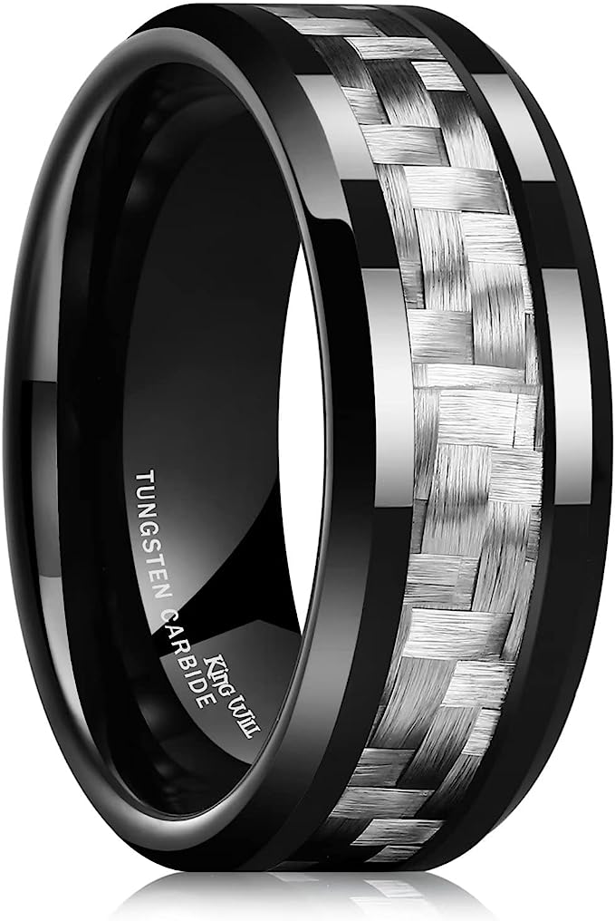 Genuine Carbide Tungsten Color: 8mm Black Silver Carbon fiber Inlay High polished inner-face design smooth and shiny. Comfort Fit Wedding Band Size 6-15