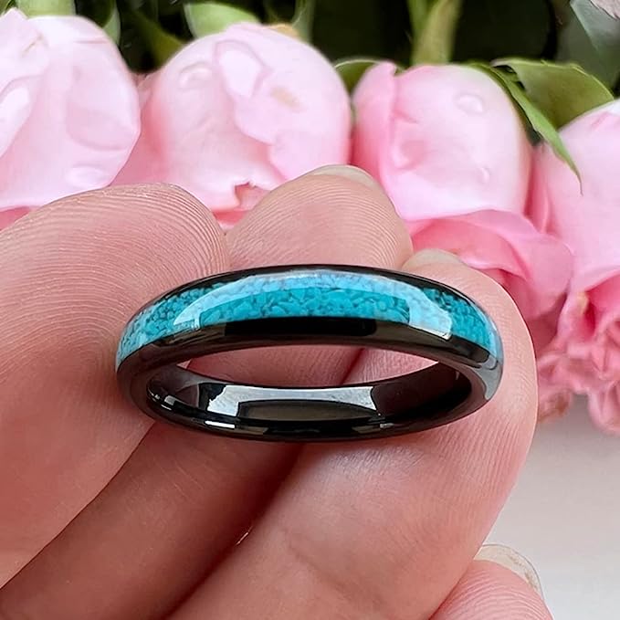 Genuine Carbide Tungsten Color:  BLACK 4mm RING Turquoise Inlay Domed Polished Shiny Comfort Fit Wedding Band Size 6-15