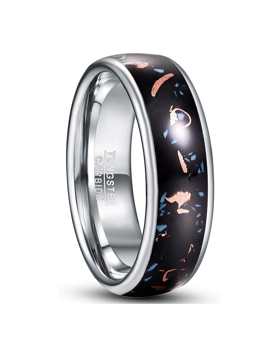 Genuine Carbide Tungsten Color: SILVER/BLACK, Copper and Turquoise Center Inlay 8mm RING Polished Shiny Comfort Fit Wedding Band Size Size 7-12