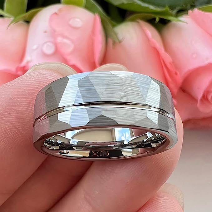 Genuine Carbide Tungsten Color: SILVER  Brushed Hammered 8mm RING Polished Shiny Comfort Fit Wedding Band Size 6-15