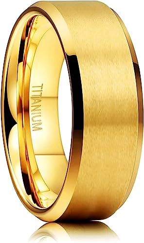 Genuine Titanium Golden Brushed 8mm Wide Ring Wedding Band High Polished Comfort Fit.