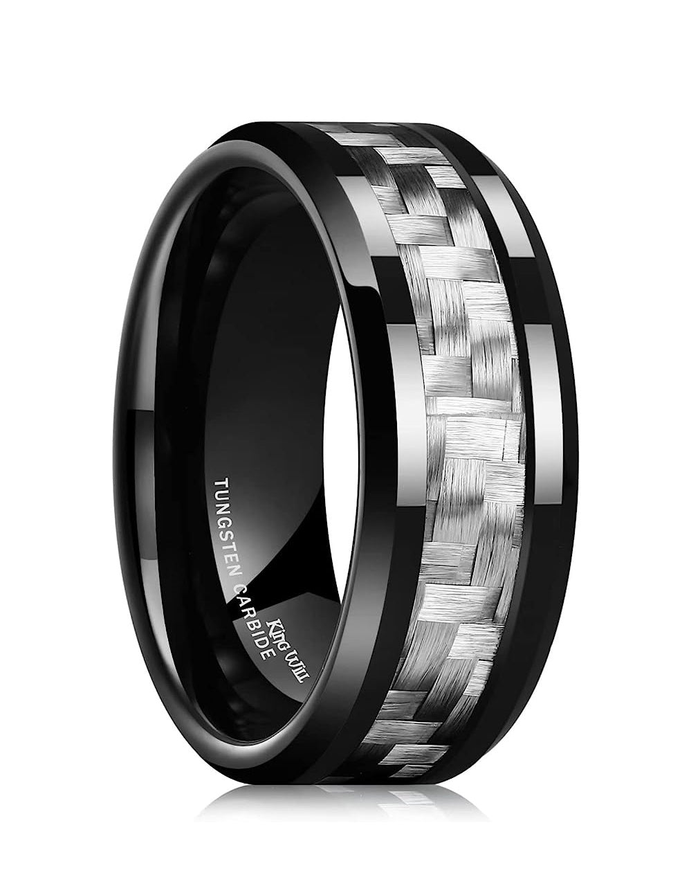 Genuine Carbide Tungsten Color: 8mm Black Silver Carbon fiber Inlay High polished inner-face design smooth and shiny. Comfort Fit Wedding Band Size 6-15