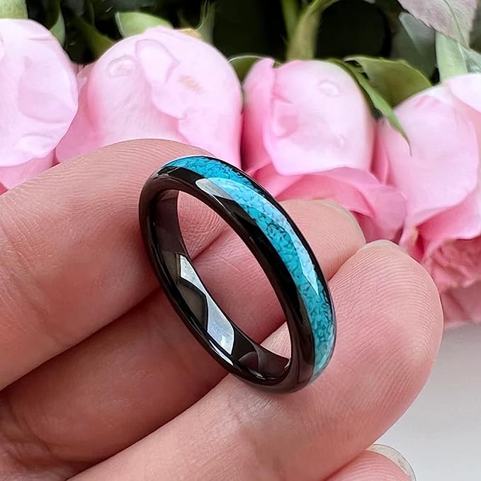 Genuine Carbide Tungsten Color:  BLACK 4mm RING Turquoise Inlay Domed Polished Shiny Comfort Fit Wedding Band Size 6-15