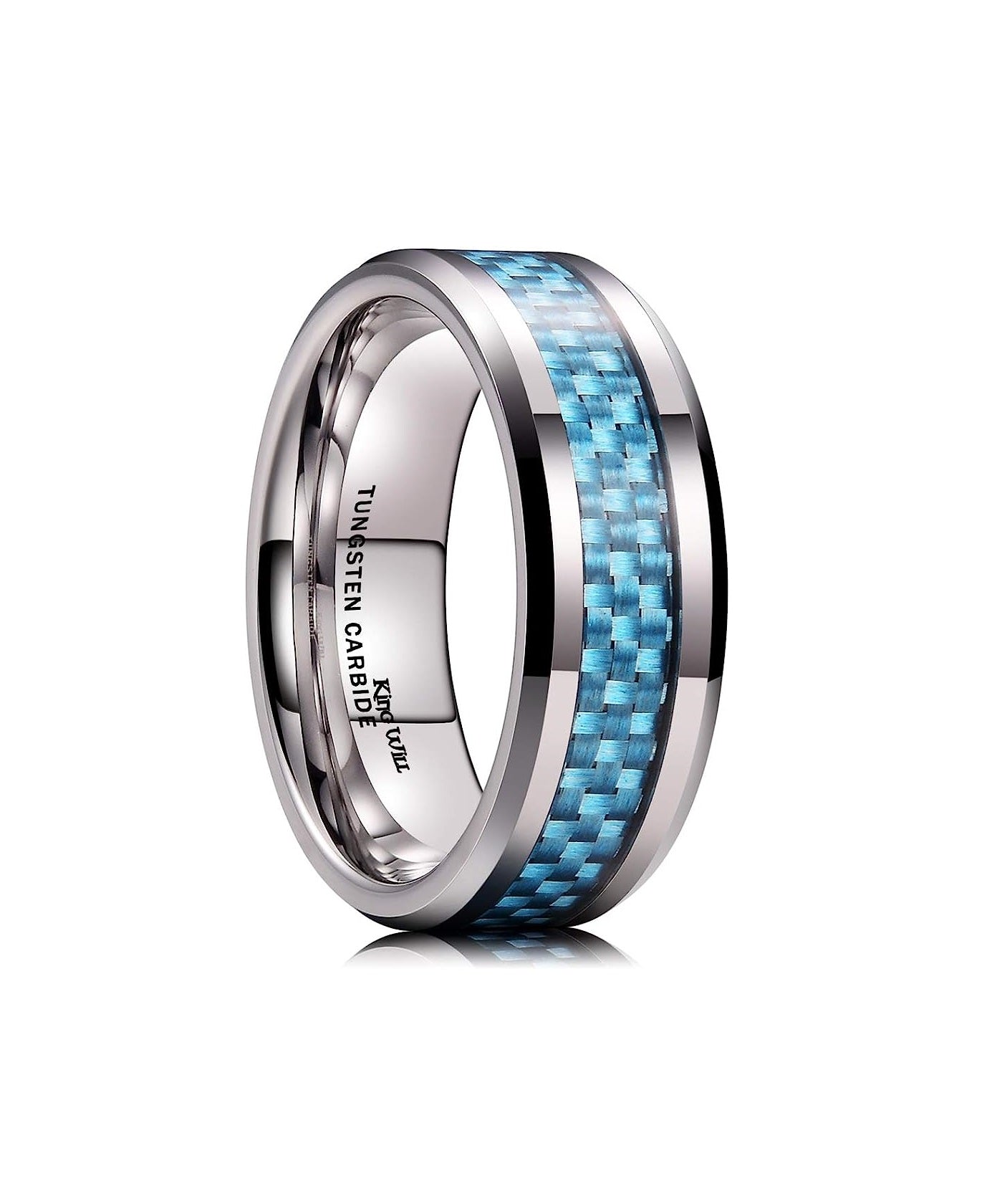 Genuine Carbide Tungsten 8mm Ring SILVER with LIGHT BLUE carbon fiber inlay, Comfort Fit wedding band Size 6-15