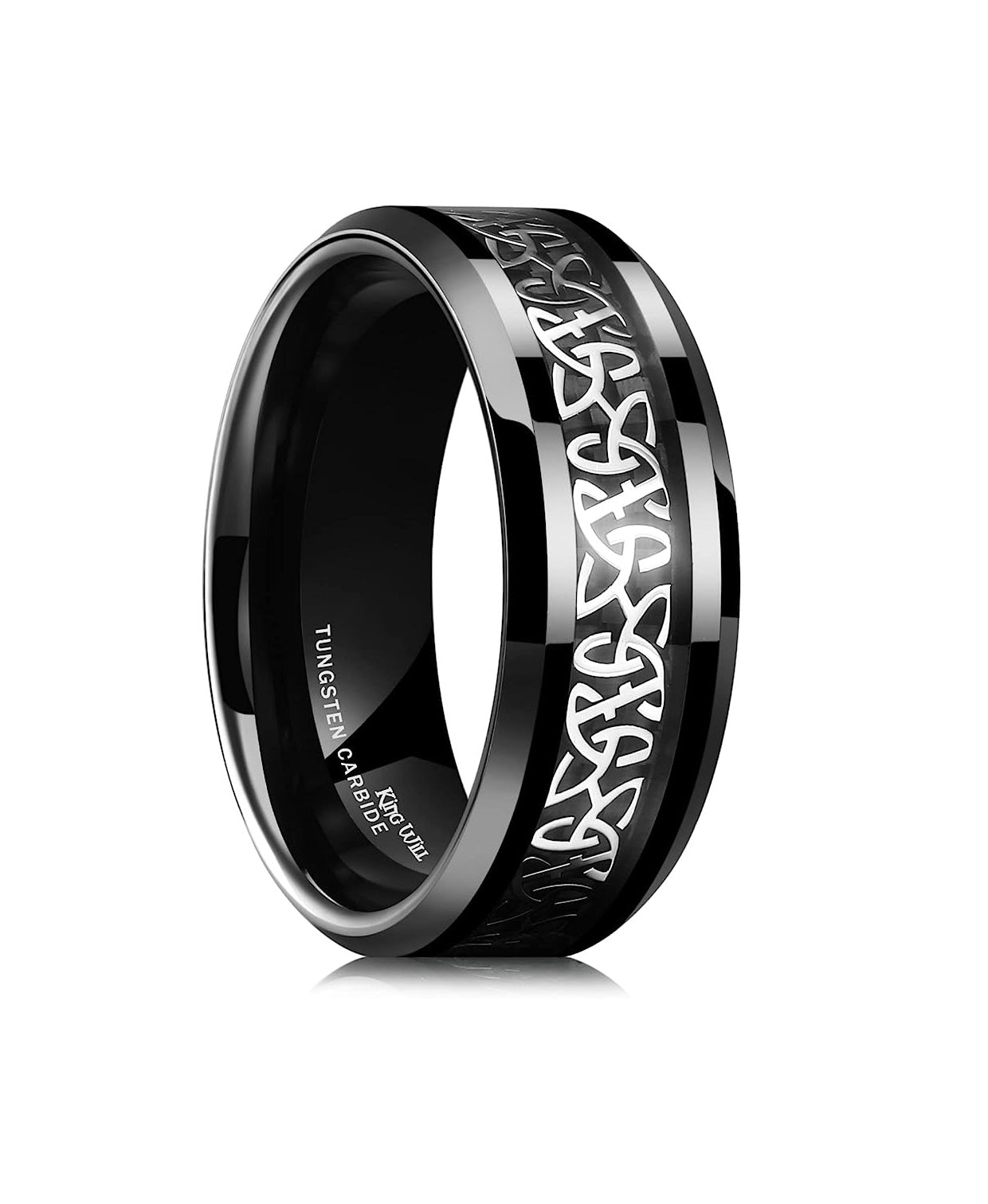 Genuine Carbide Tungsten Color: BLACK Celtic Dragon BLACK Fiber Inlay 8mm RING Polished Shiny Comfort Fit Wedding Band Size Size 6-15