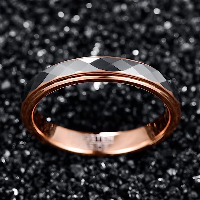 Genuine Carbide Tungsten Color: 4mm RING Rose Gold step edge and inner face High Polish makes it smooth and shiny Comfort Fit Wedding Band Size 5-10