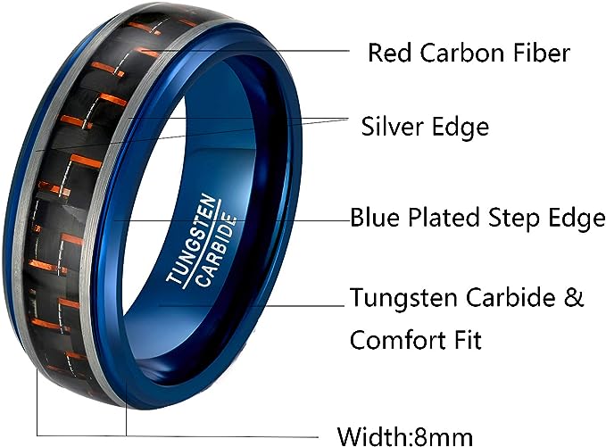 Genuine Carbide Tungsten Color: 8mm Silver BLUE Red Black Carbon fiber Inlay High polished inner-face design smooth and shiny. Comfort Fit Wedding Band Size 6-15