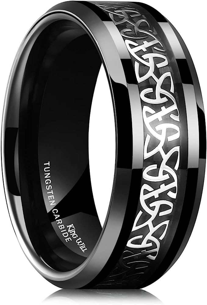 Genuine Carbide Tungsten Color: BLACK Celtic Dragon BLACK Fiber Inlay 8mm RING Polished Shiny Comfort Fit Wedding Band Size Size 6-15