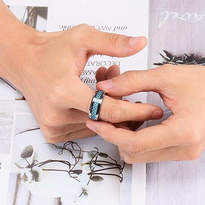 Genuine Carbide Tungsten 8mm Ring SILVER with LIGHT BLUE carbon fiber inlay, Comfort Fit wedding band Size 6-15