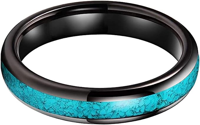 Genuine Carbide Tungsten Color:  BLACK 4mm RING Turquoise Inlay Domed Polished Shiny Comfort Fit Wedding Band Size 6-15